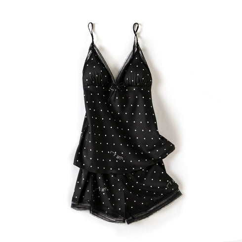 Print Dot Lady Nightwear Satin 4PCS Pajamas Set For Women - ROUTINE FASHION